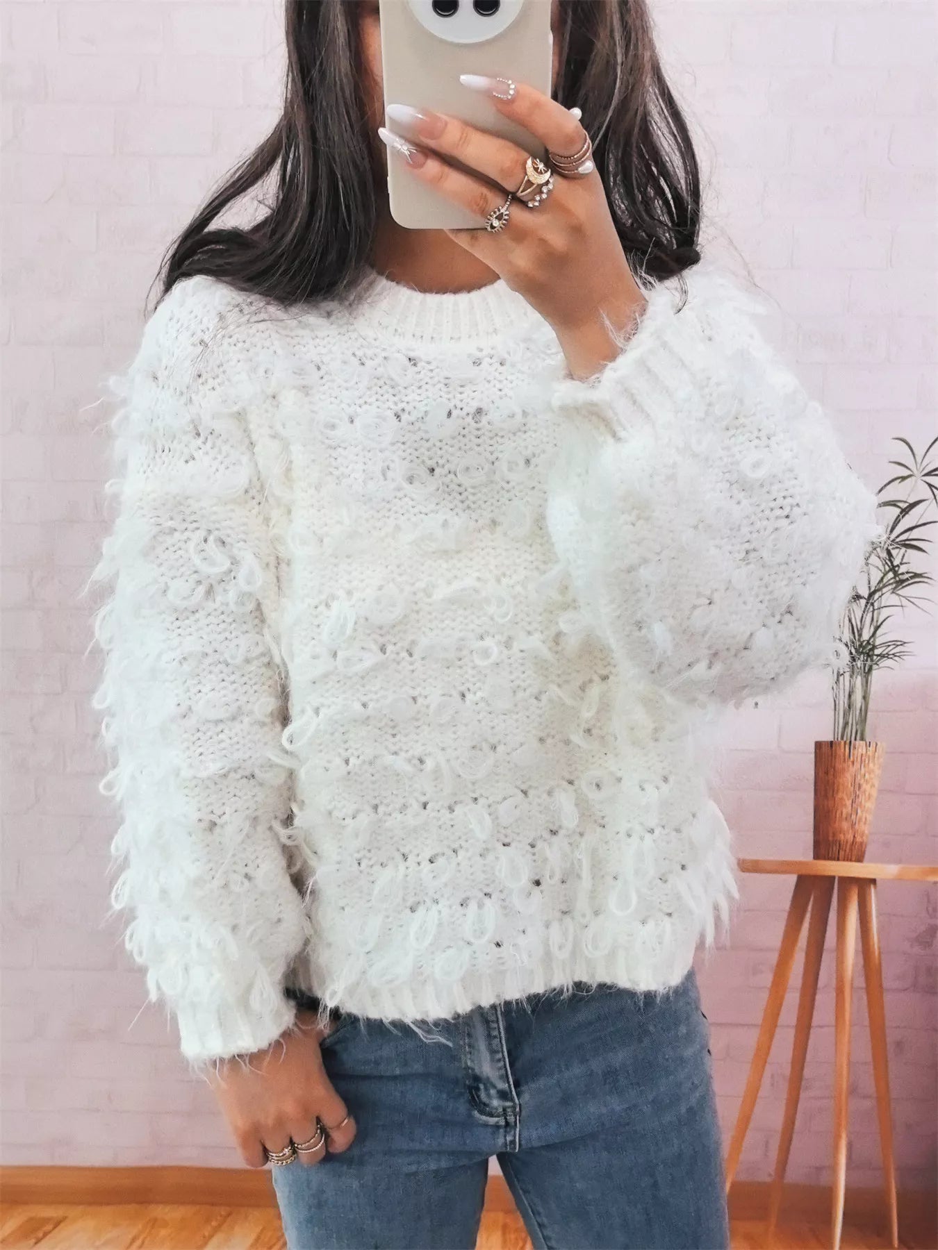 Chunky Round Neck Long Sleeve Sweater OutfitFlow