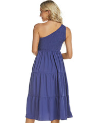 One-Shoulder Tiered Midi Dress with Smocked Bodice OutfitFlow
