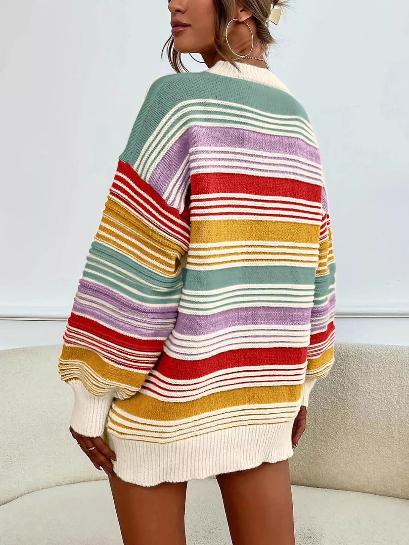 Rainbow Striped Drop Shoulder Oversized Sweater OutfitFlow