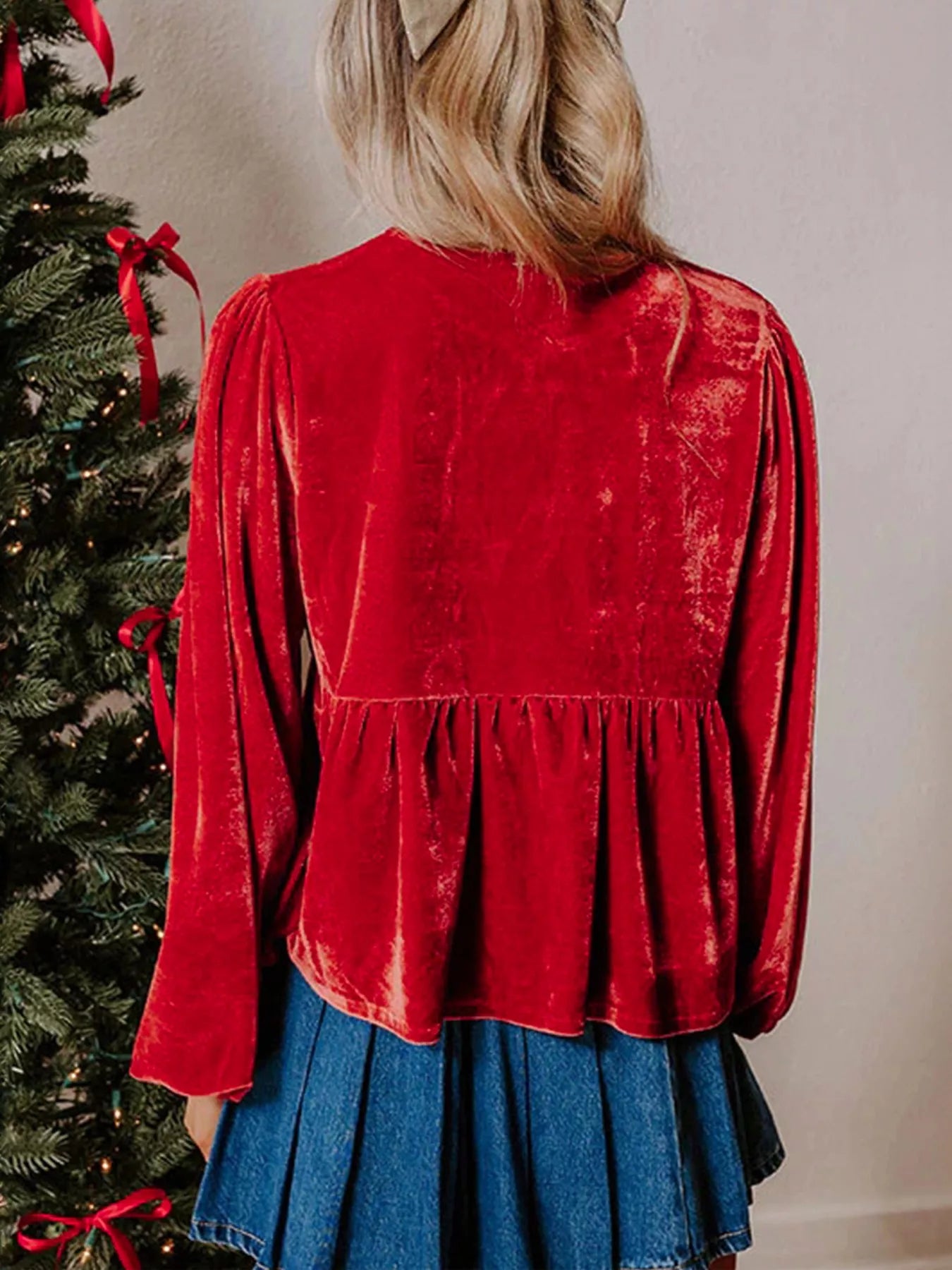 Plus Size Tie Front Velvet Peplum Blouse OutfitFlow