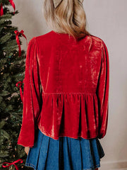Plus Size Tie Front Velvet Peplum Blouse OutfitFlow