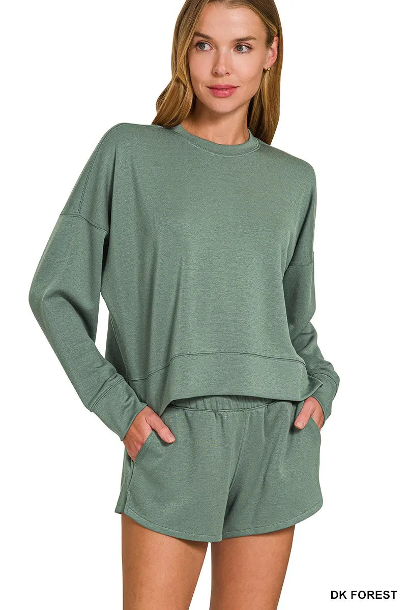 Zenana Scuba Long Sleeve Sweatshirts & Shorts Set OutfitFlow