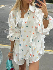 Colorful Heart Print Shirt and Shorts Set OutfitFlow
