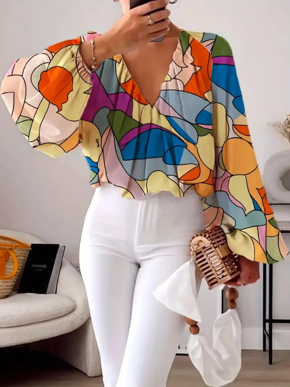 Printed V-Neck Long Sleeve Blouse OutfitFlow