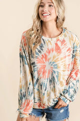 BiBi Tie Dye Print Terry Pull Over ORANGE TEAL OutfitFlow
