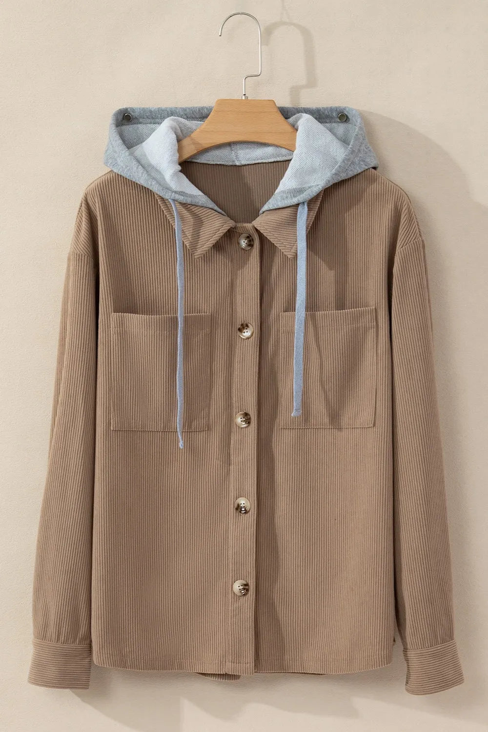 Drawstring Button Up Long Sleeve Hooded Jacket OutfitFlow
