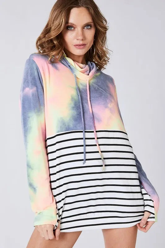 BiBi Tie Dye French Terry Cowl Neck Top OutfitFlow