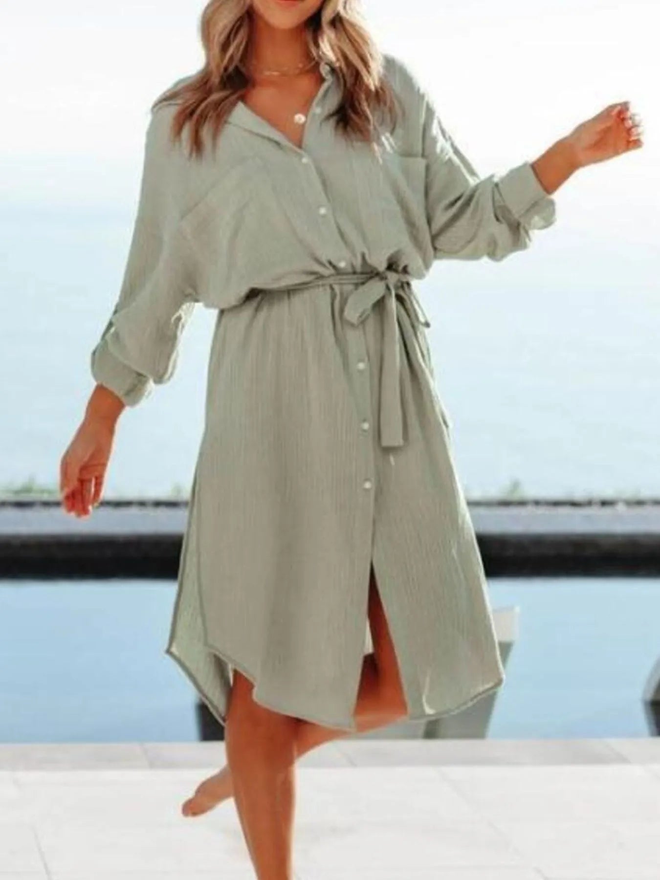 Button Down Tie Waist Shirt Dress OutfitFlow