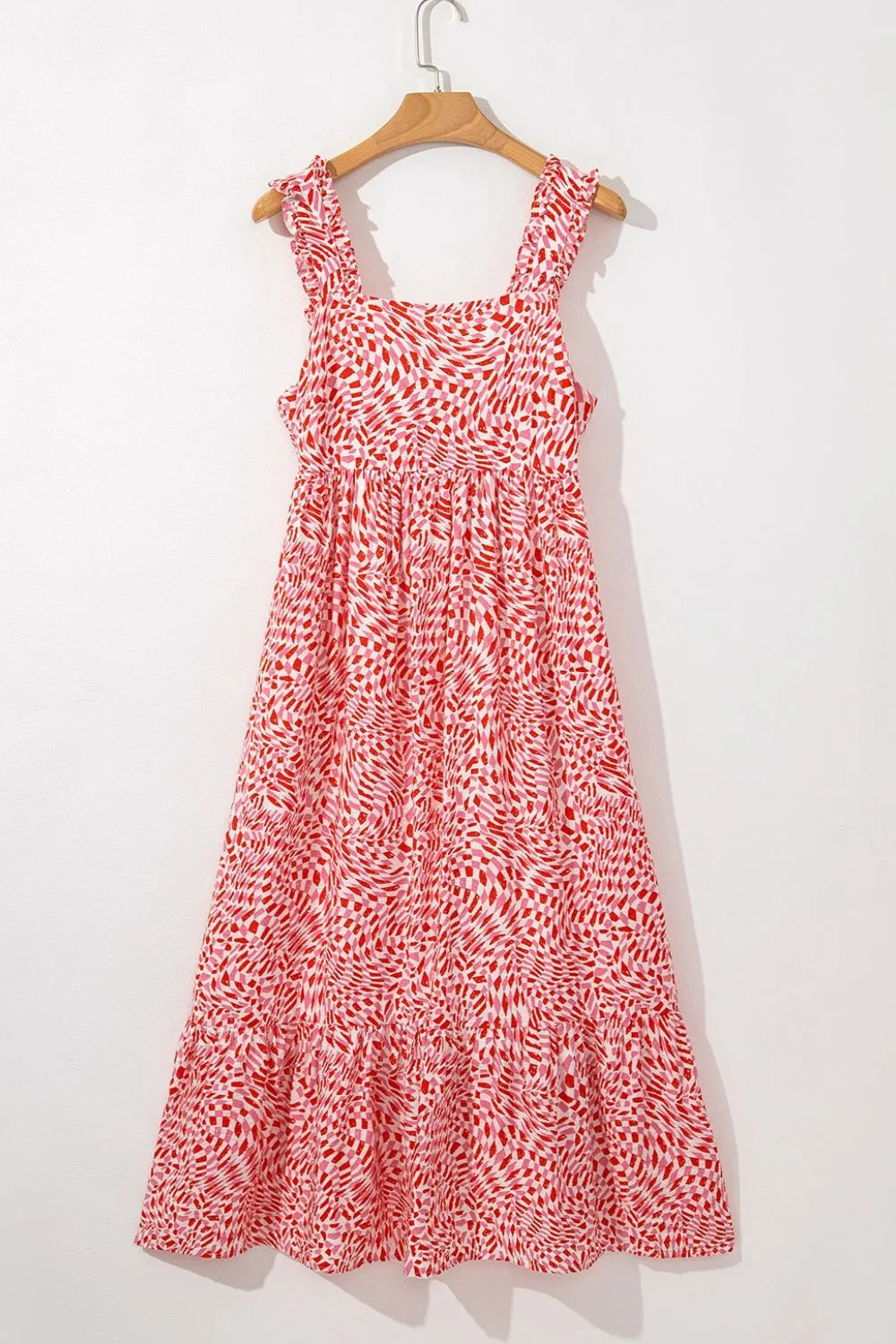 Geometric Print Knot Back Sleeveless Ruffle Hem Dress OutfitFlow