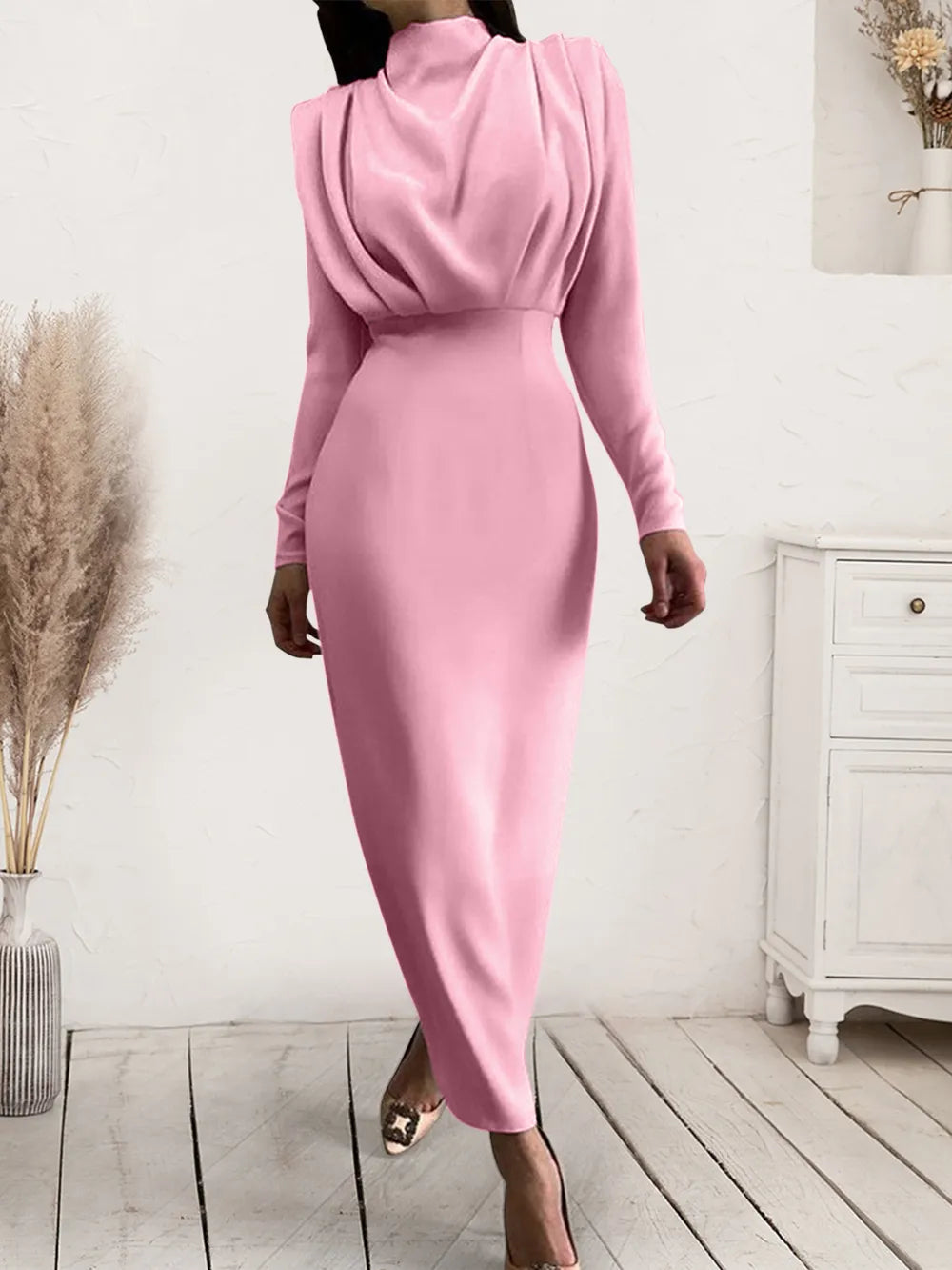 Ruched Turtleneck Long Sleeve Dress Dusty Pink OutfitFlow