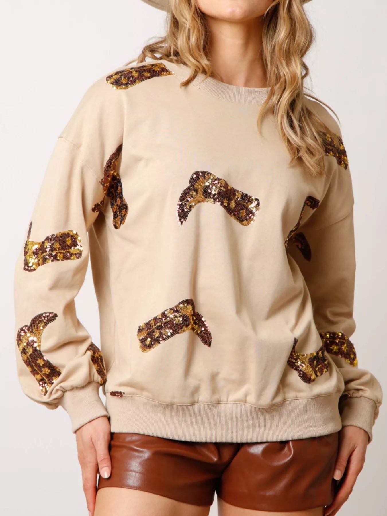Sequin Boot Crewneck Sweatshirt Khaki OutfitFlow