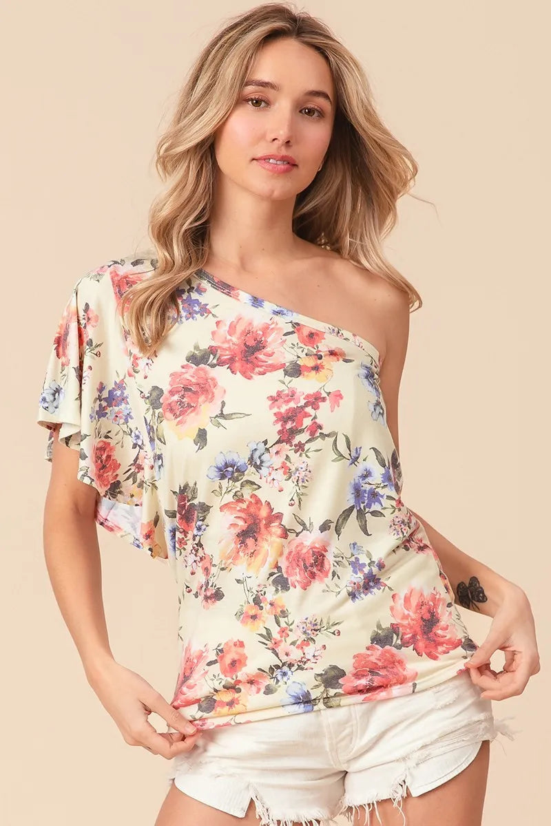 BiBi Floral Printed Jersey Knit Ruffle Sleeve Top OutfitFlow