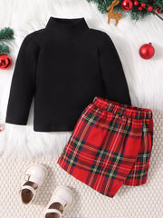 Children's Ribbed Knit Top & Plaid Skirt Set OutfitFlow