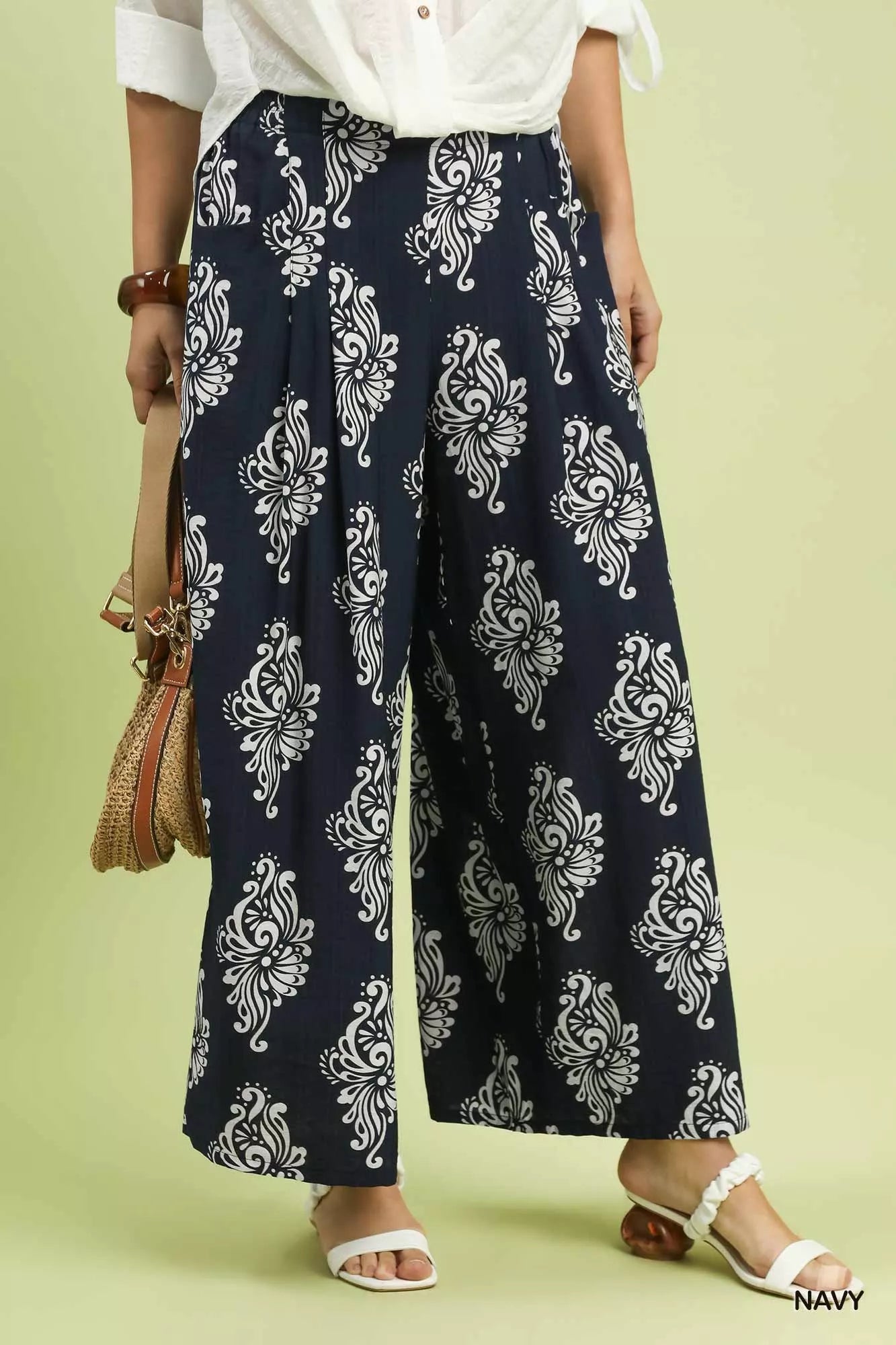 Umgee Abstract Print Wide Leg Pants NAVY OutfitFlow
