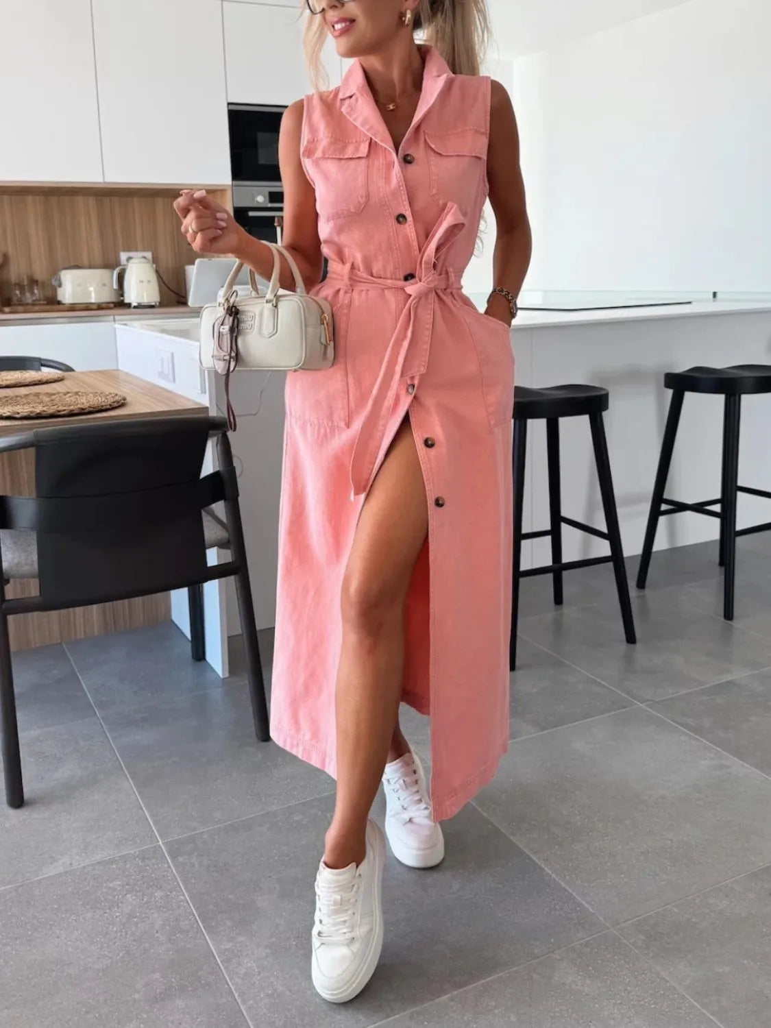 Button Front Sleeveless Denim Dress OutfitFlow