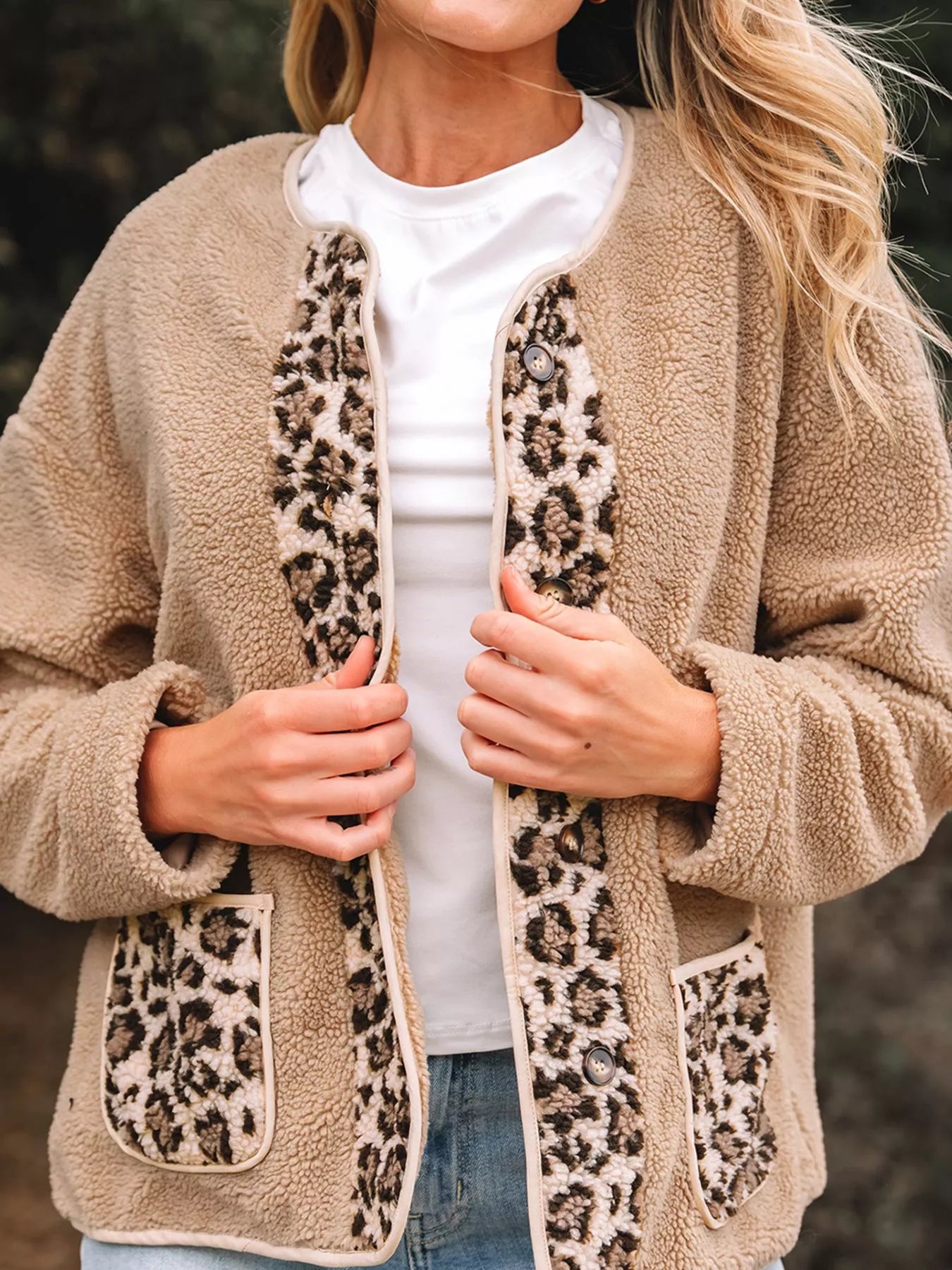 Casual Leopard Print Accent Plush Jacket with Pockets OutfitFlow