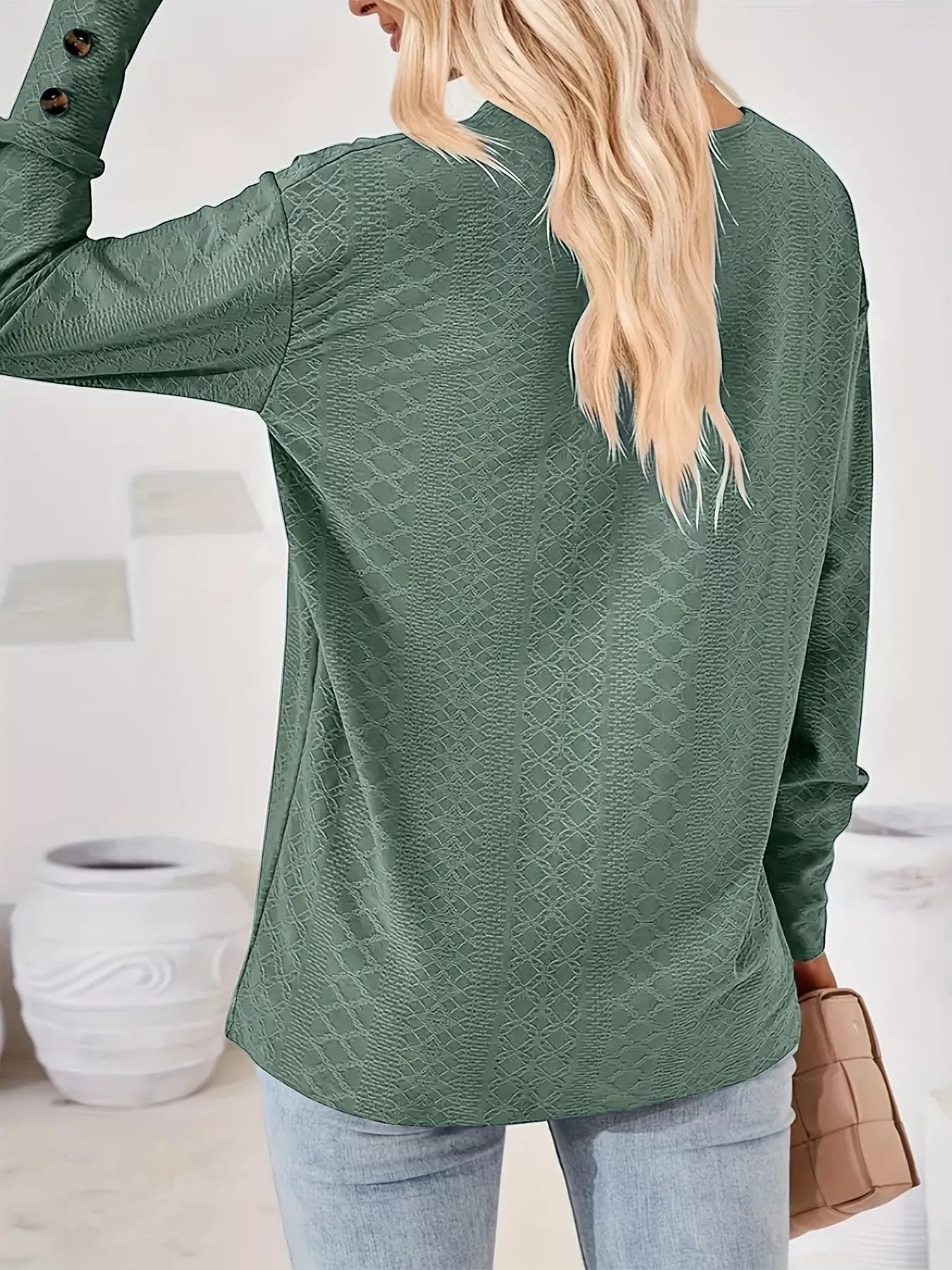 Plus Size V-Neck Textured Long Sleeve T-Shirt OutfitFlow