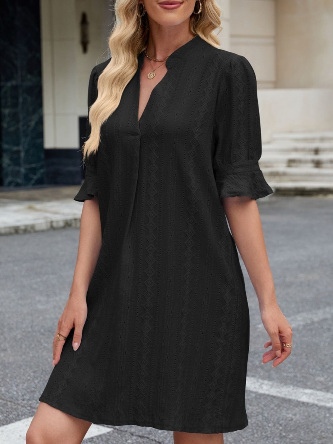 Eyelet Flounce Sleeve Mini Dress Black OutfitFlow