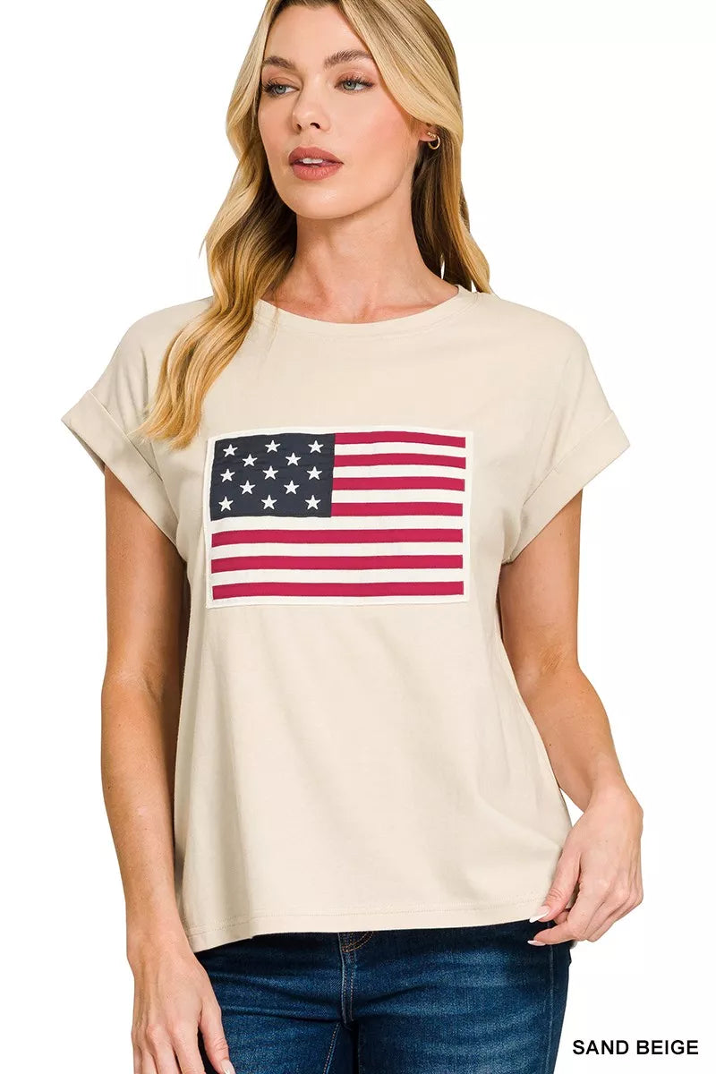 Zenana Full Size US Flag Round Neck Short Sleeve T-Shirt Plus Size SAND BEIGE Trendsi