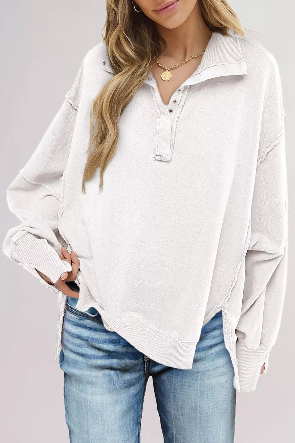 uttoned Collared Raw Detail High Low Baggy Sweatshirt with Slits OutfitFlow