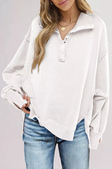 uttoned Collared Raw Detail High Low Baggy Sweatshirt with Slits OutfitFlow