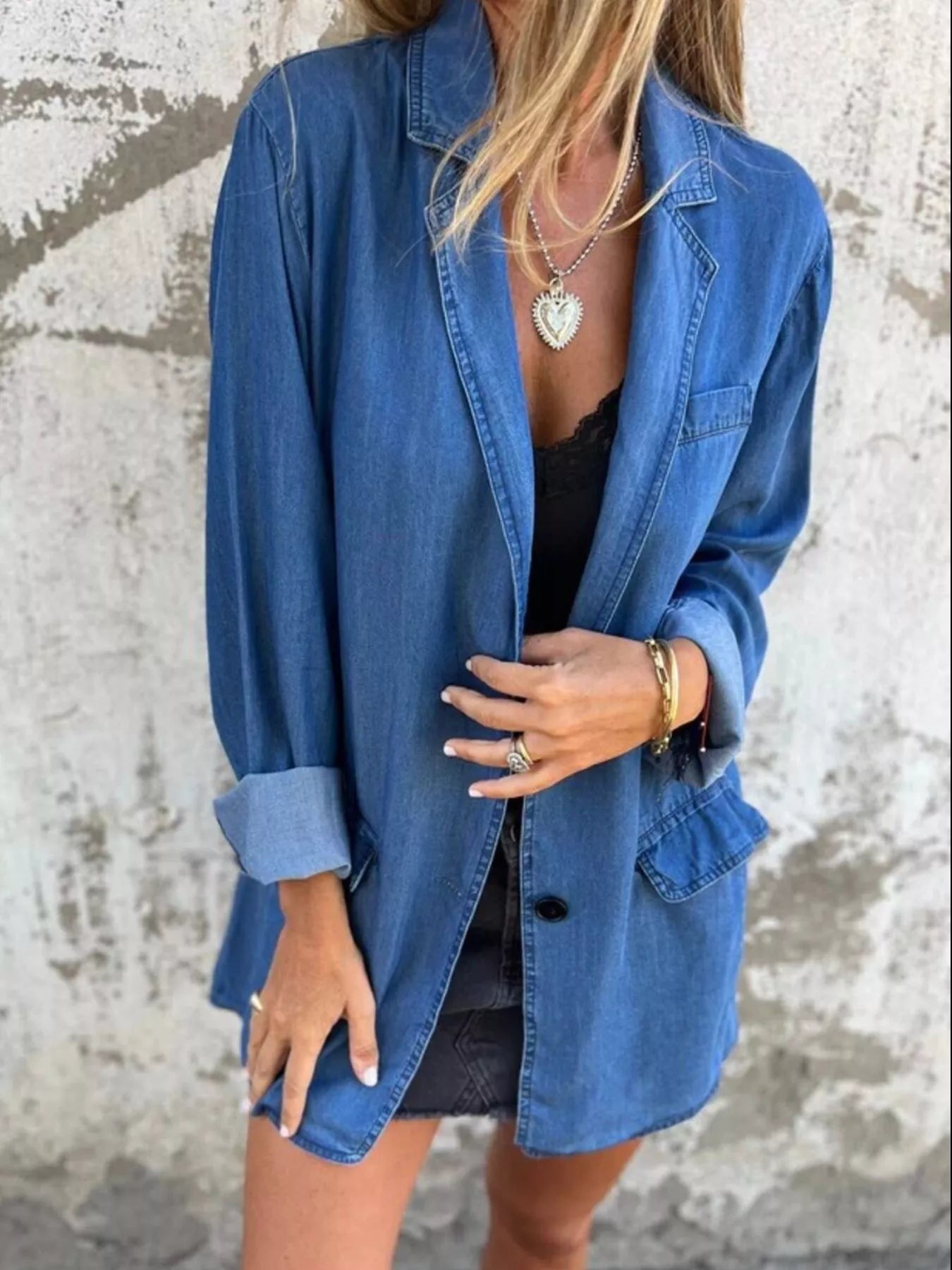 Full Size Button Down Denim Blazer Plus Size Blue Trendsi