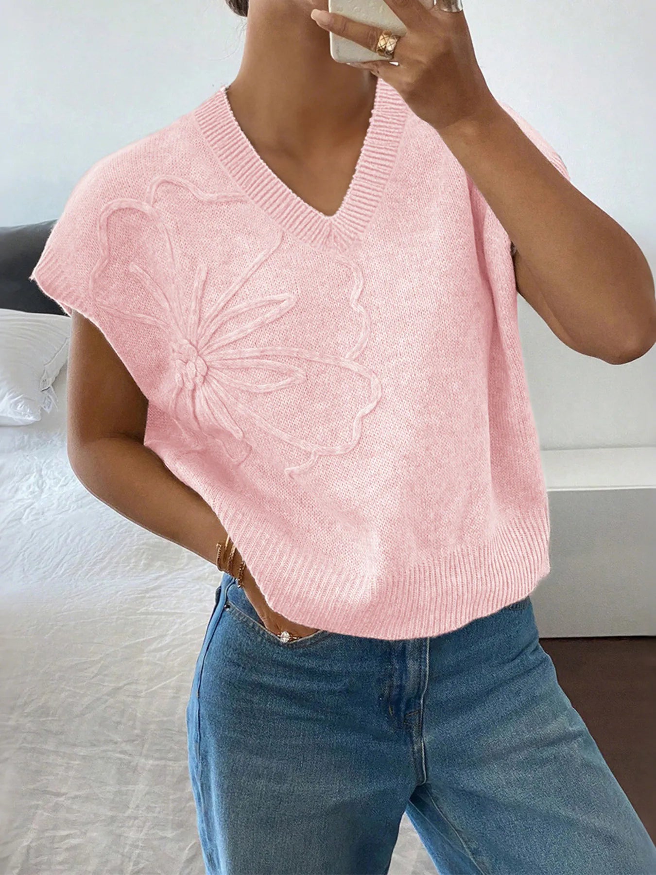Ribbed Hem V-Neck Short Sleeve Sweater OutfitFlow