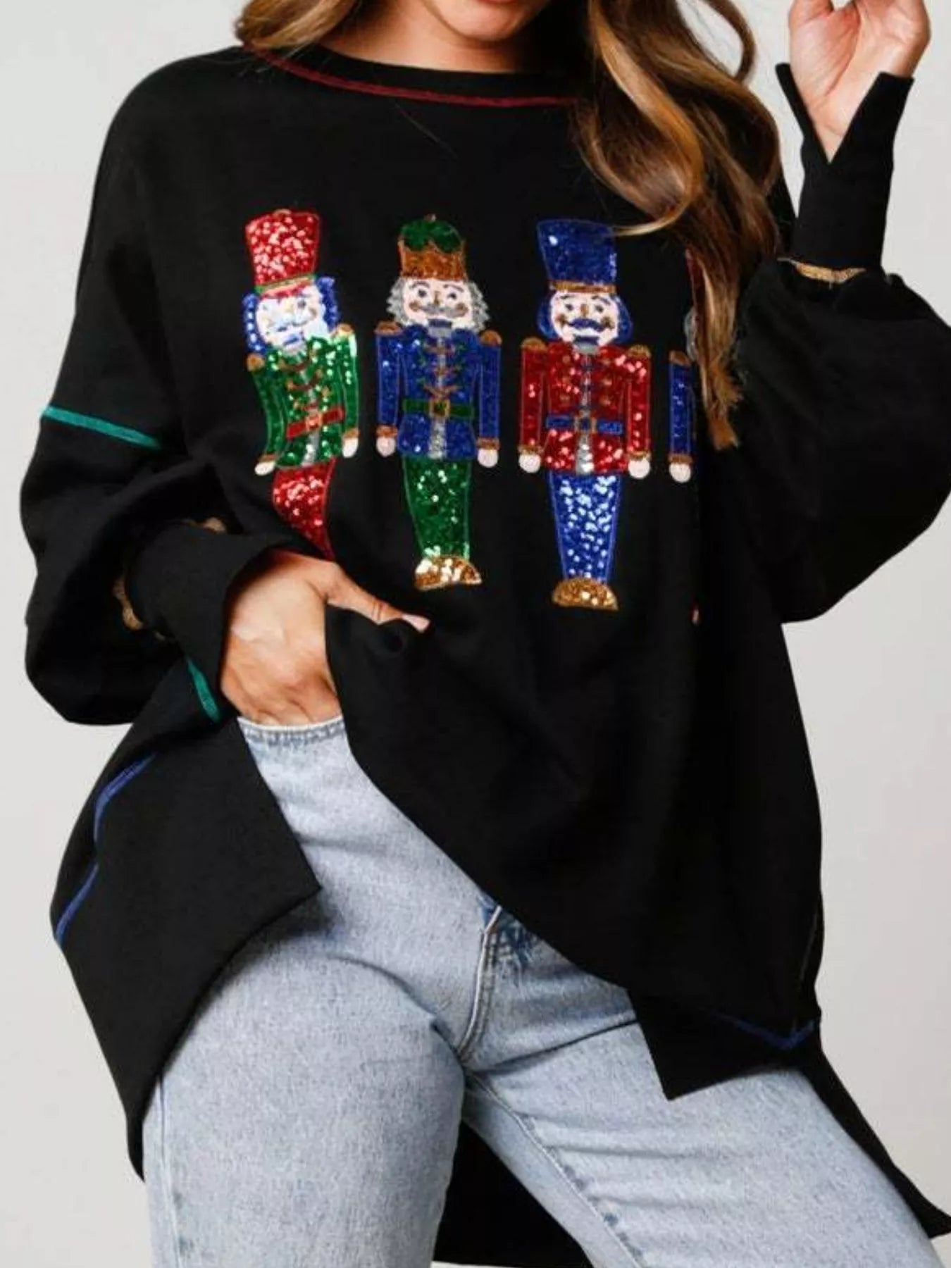 Christmas Nutcracker Sequin Round Neck Sweatshirt OutfitFlow