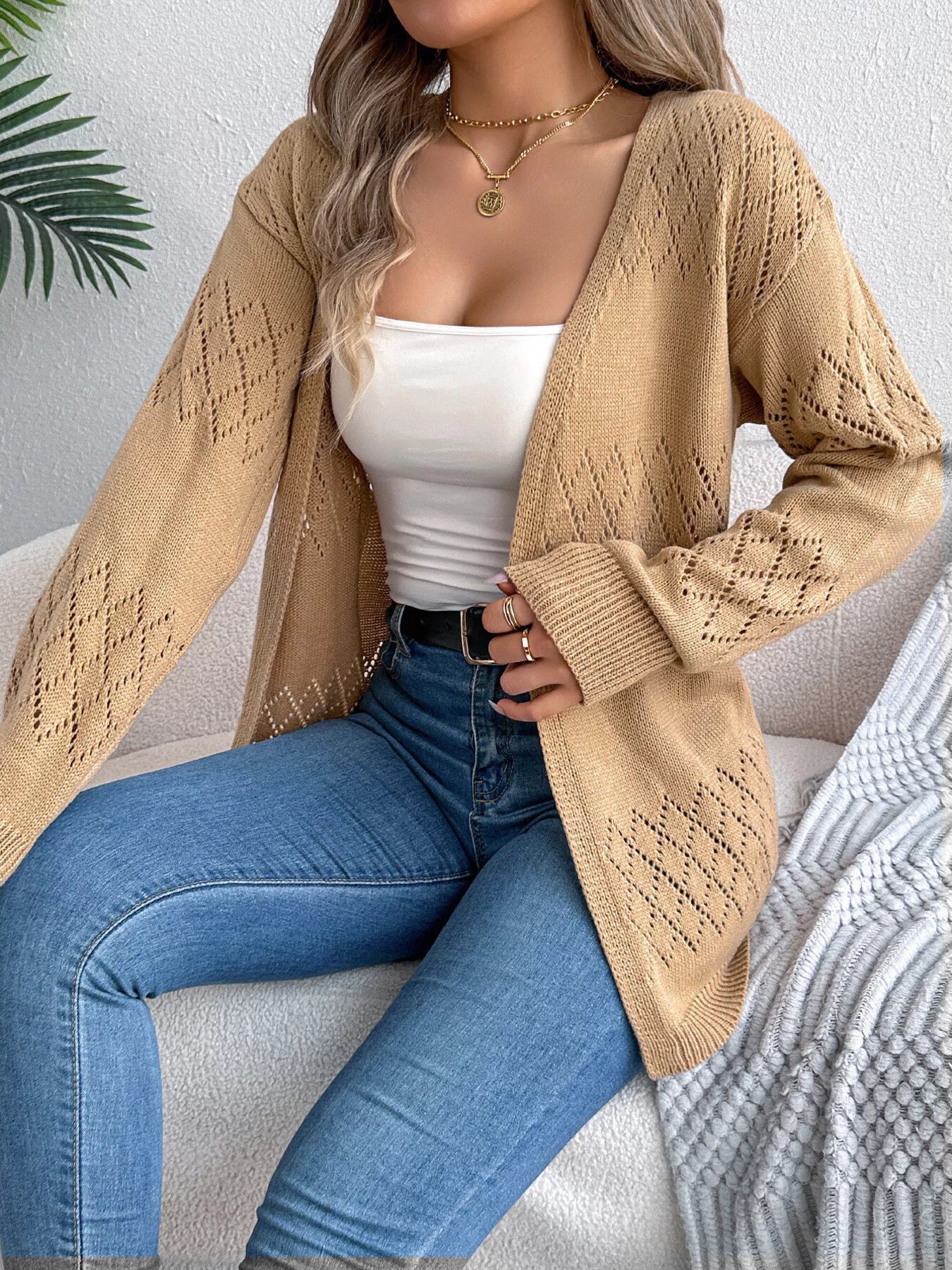 Openwork Open Front Long Sleeve Cardigan Khaki OutfitFlow