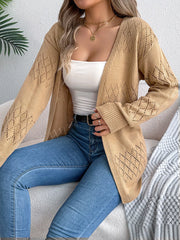 Openwork Open Front Long Sleeve Cardigan Khaki OutfitFlow
