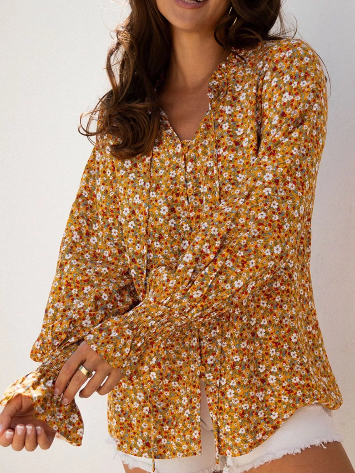 Floral Ruffled Bubble Sleeve Tie Neck Blouse OutfitFlow