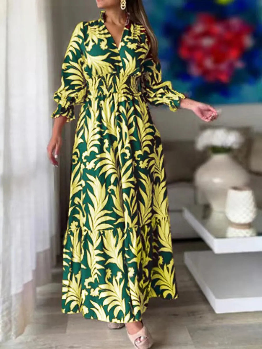 Printed Flounce Sleeve Maxi Dress Dark Green OutfitFlow