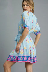 Umgee Floral Print Tie Waist Short Sleeve Dress OutfitFlow