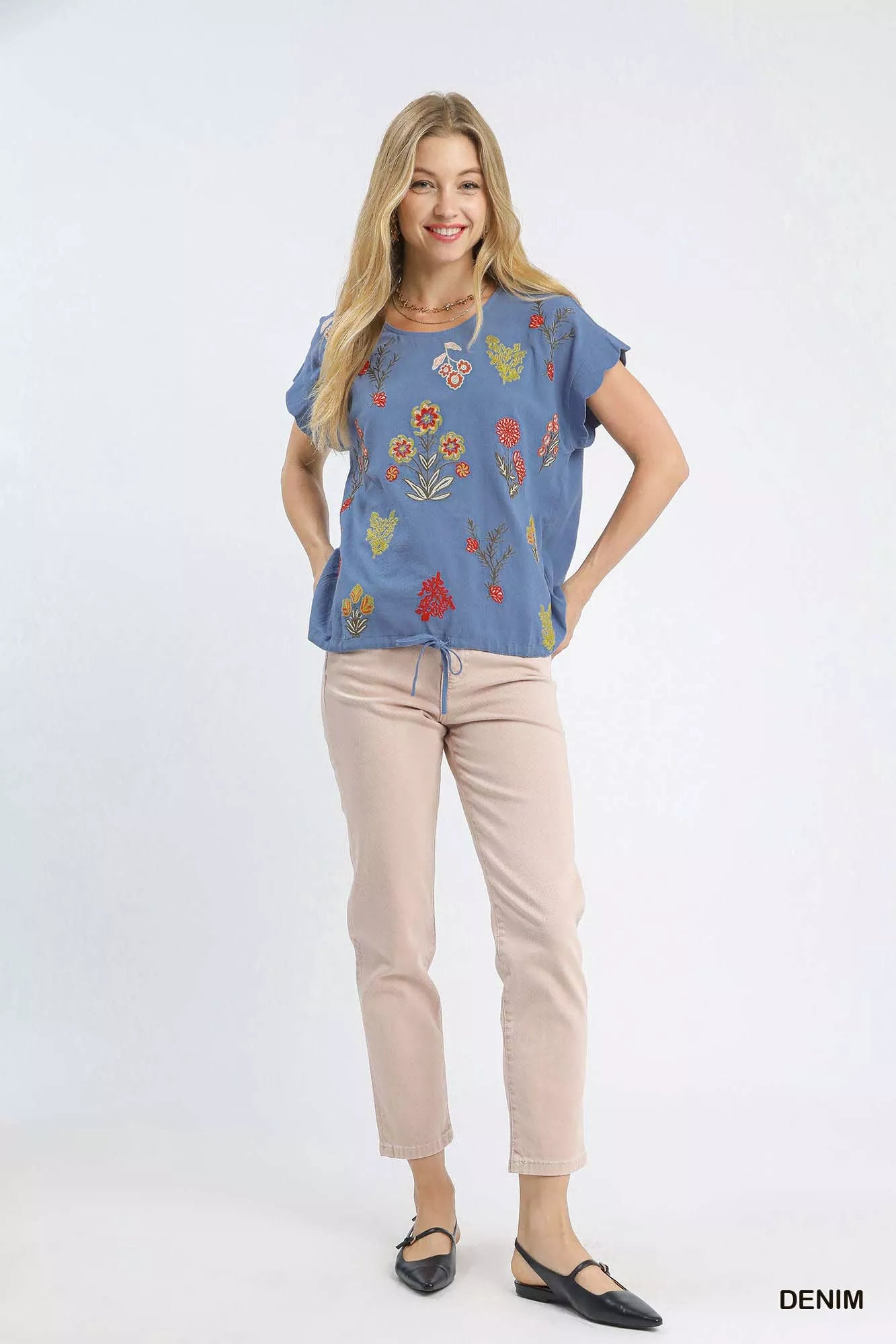 Umgee Embroidered Scallop Sleeve Top with Drawstring Hem OutfitFlow
