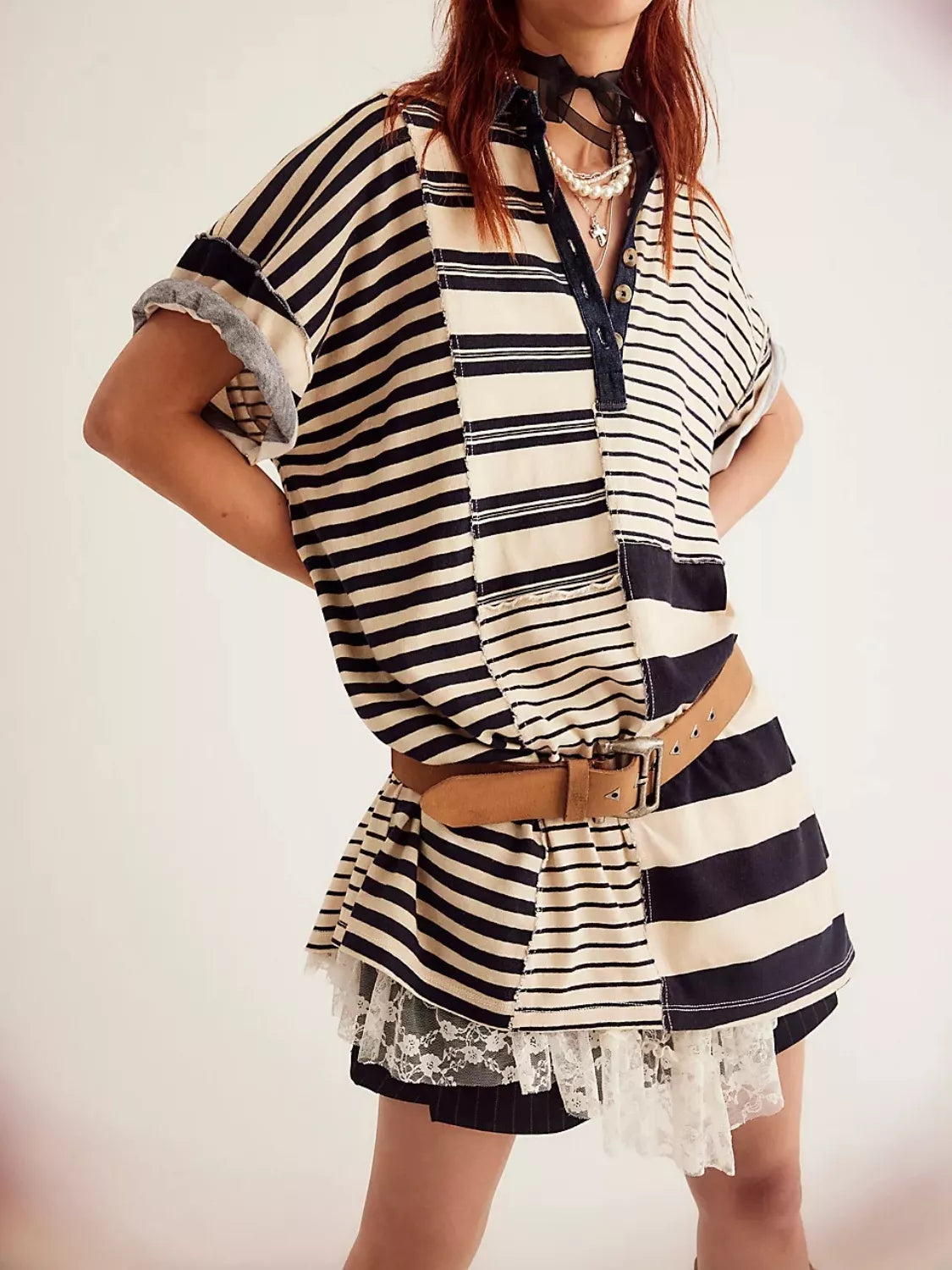 Striped Oversized Half Button Shirt Dress OutfitFlow