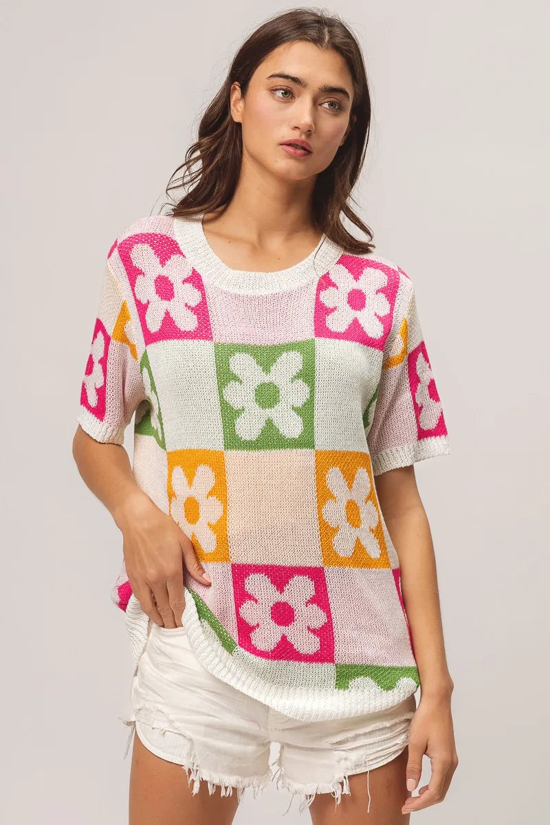 BiBi Flower Checker Pattern Lightweight Sweater Top OutfitFlow
