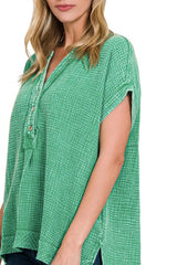 Zenana Washed Double Gauze 3/4 Button Henley Neck Shirt OutfitFlow