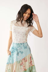 Davi & Dani Floral Mesh Mock Neck Short Sleeve Top OutfitFlow