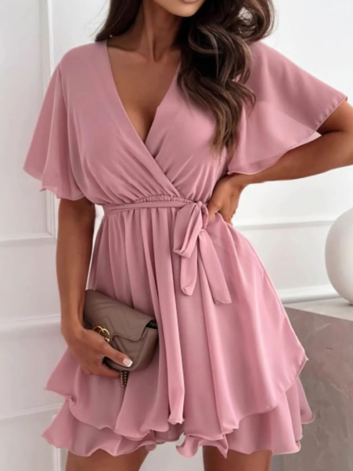 Surplice Flutter Sleeve Mini Dress OutfitFlow