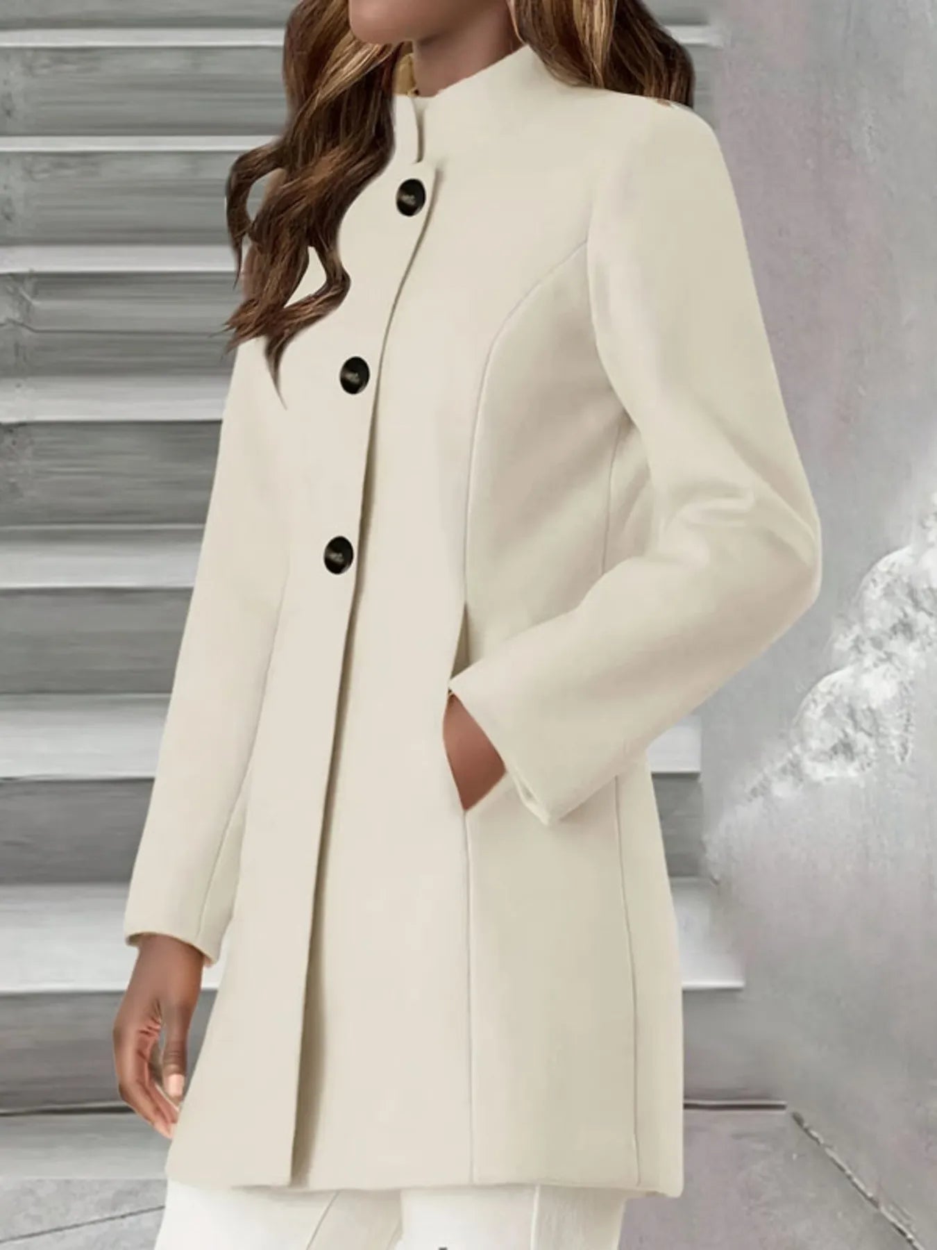 Single-Breasted Stand Collar Coat with Pocket OutfitFlow