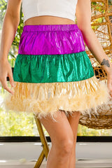 BiBi Faux Feather Hem Mardi Gras Metalic Mini Skirt OutfitFlow