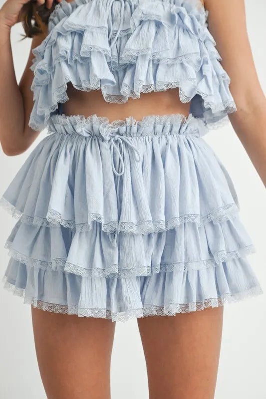 MABLE Ruffle Layered Crop Top and Mini Skirt Set OutfitFlow