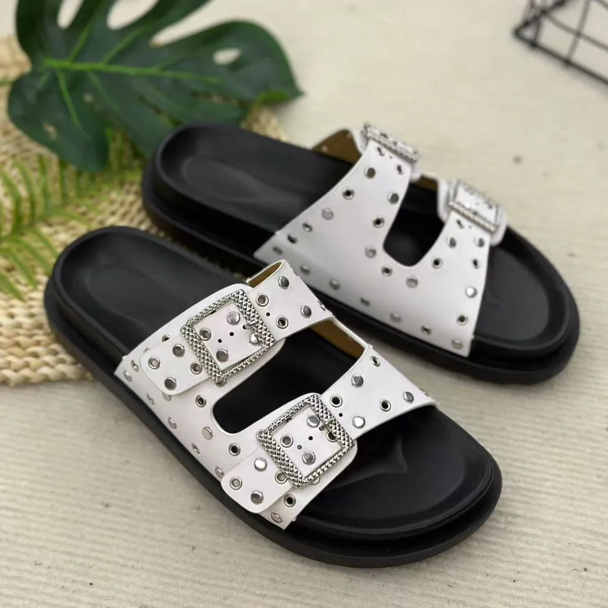 Double Buckle Open Toe Flat Sandals OutfitFlow