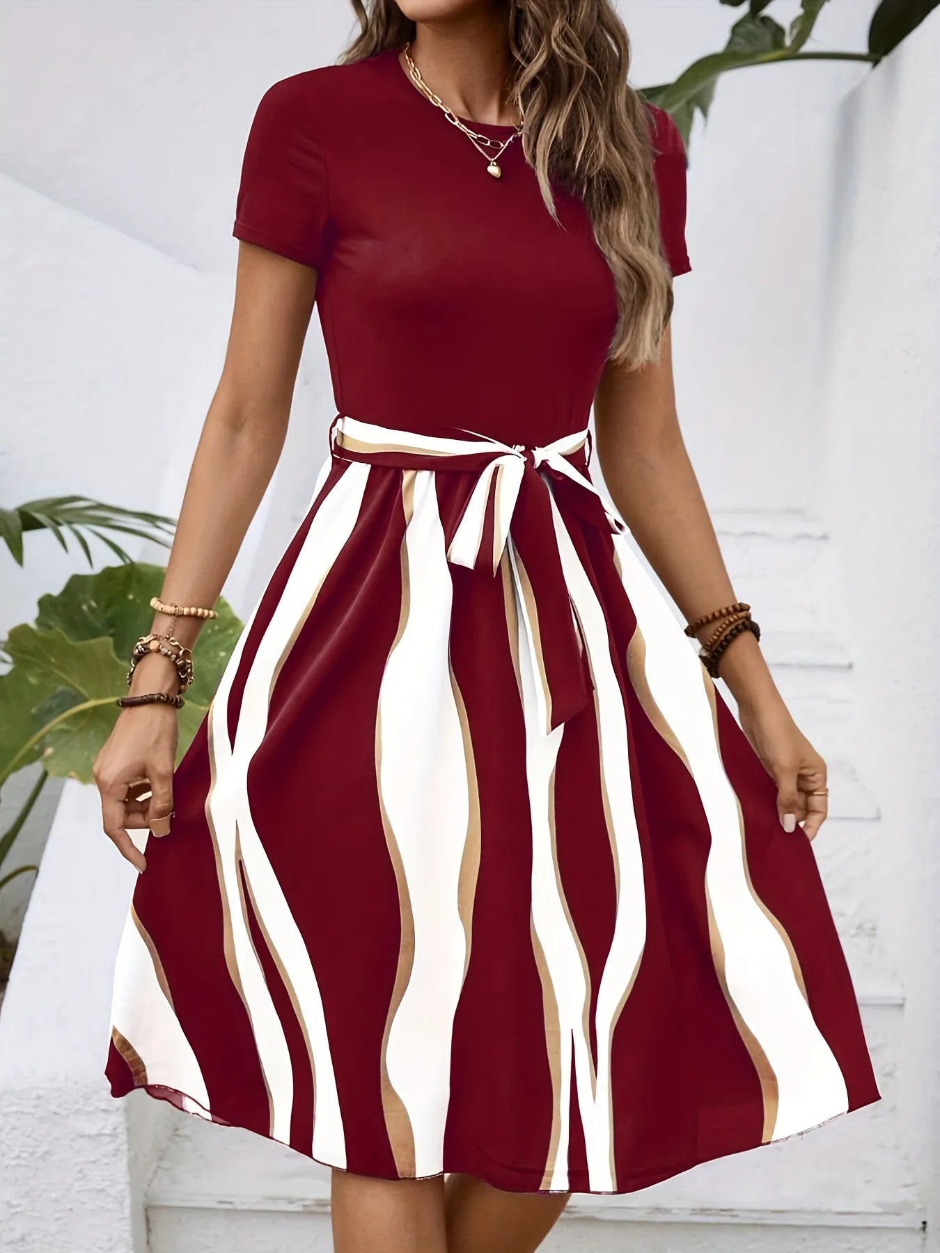 Striped Short Sleeve Tie Waist Dress OutfitFlow
