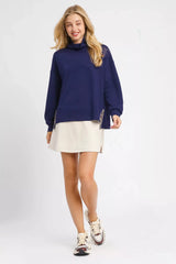 Umgee Turtle Neck Dolman Sleeve Side Slit Sweater with Contrast Detail OutfitFlow