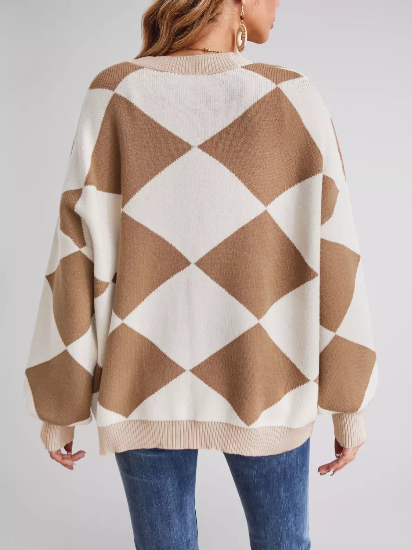 Diamond Pattern Button-Up Knit Cardigan OutfitFlow