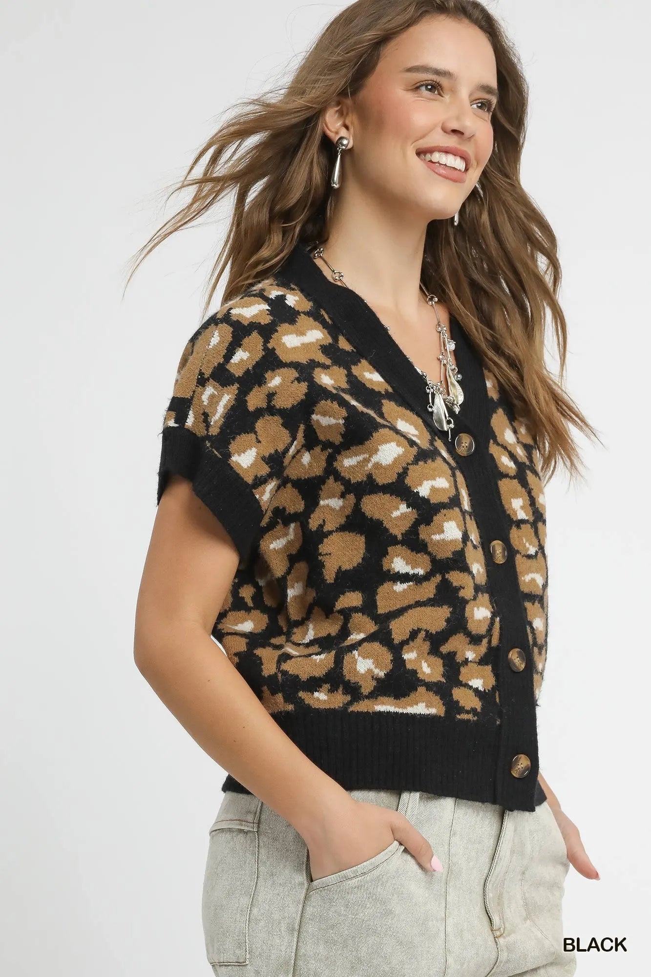 Umgee Leopard Button Down Short Sleeve Cardigan Trendsi