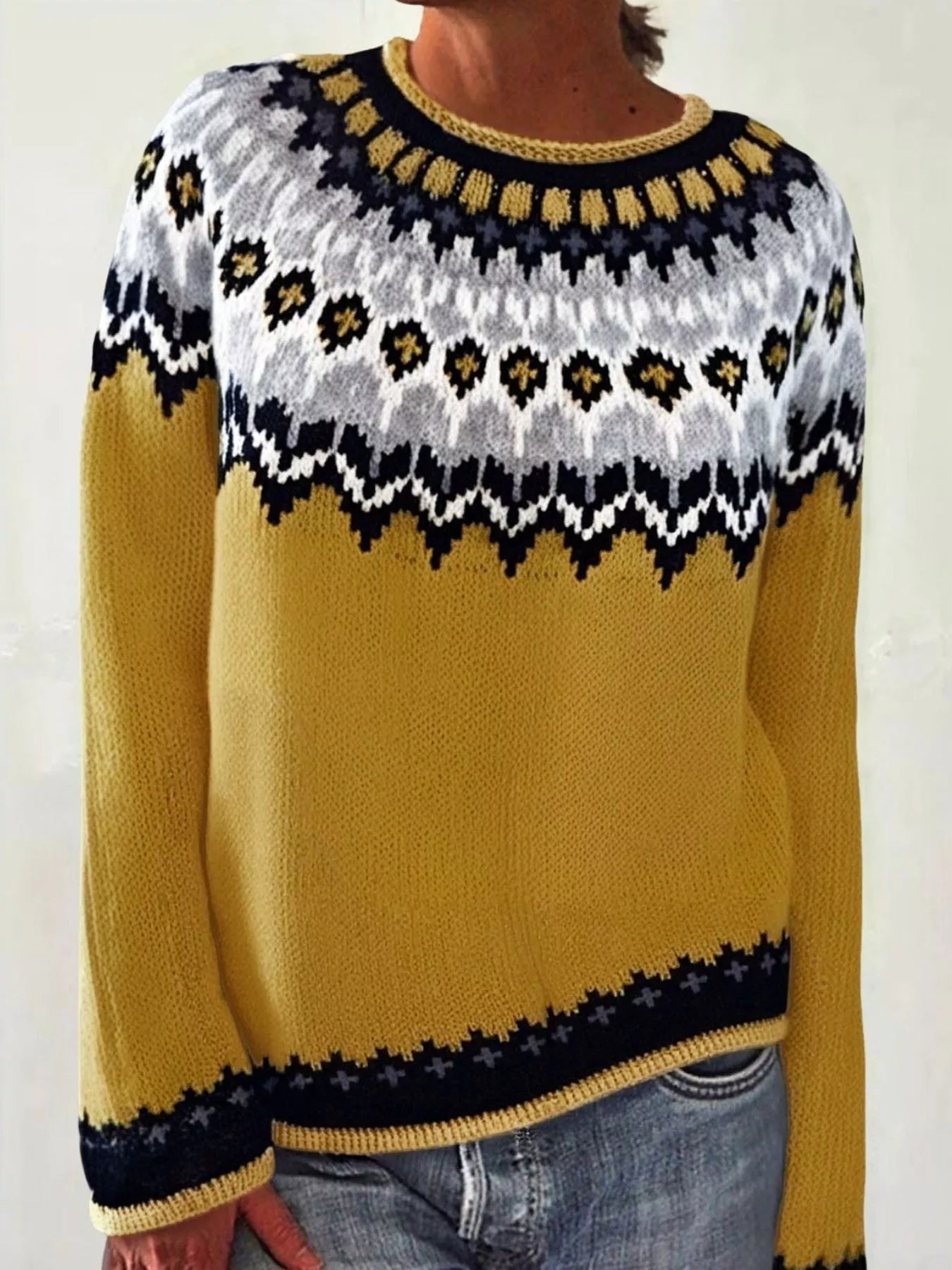 Full Size Vintage Patterned Round Neck Sweater Plus Size Mustard OutfitFlow