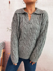 Cable Knit Johnny Collar Sweater Gray One Size Trendsi