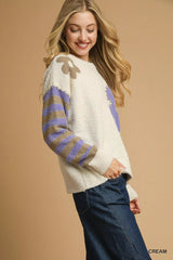 Umgee Flower Jacquard Striped Long Sleeve Sweater OutfitFlow